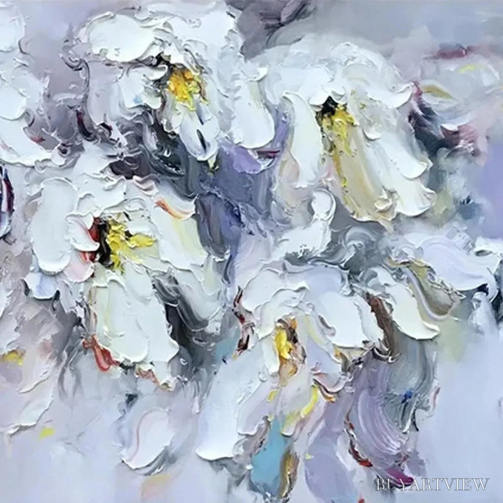 ARTOVITAS White Petal Dream – Floral Painting, Impasto, Textured , White Flowers, Panoramic - image 3