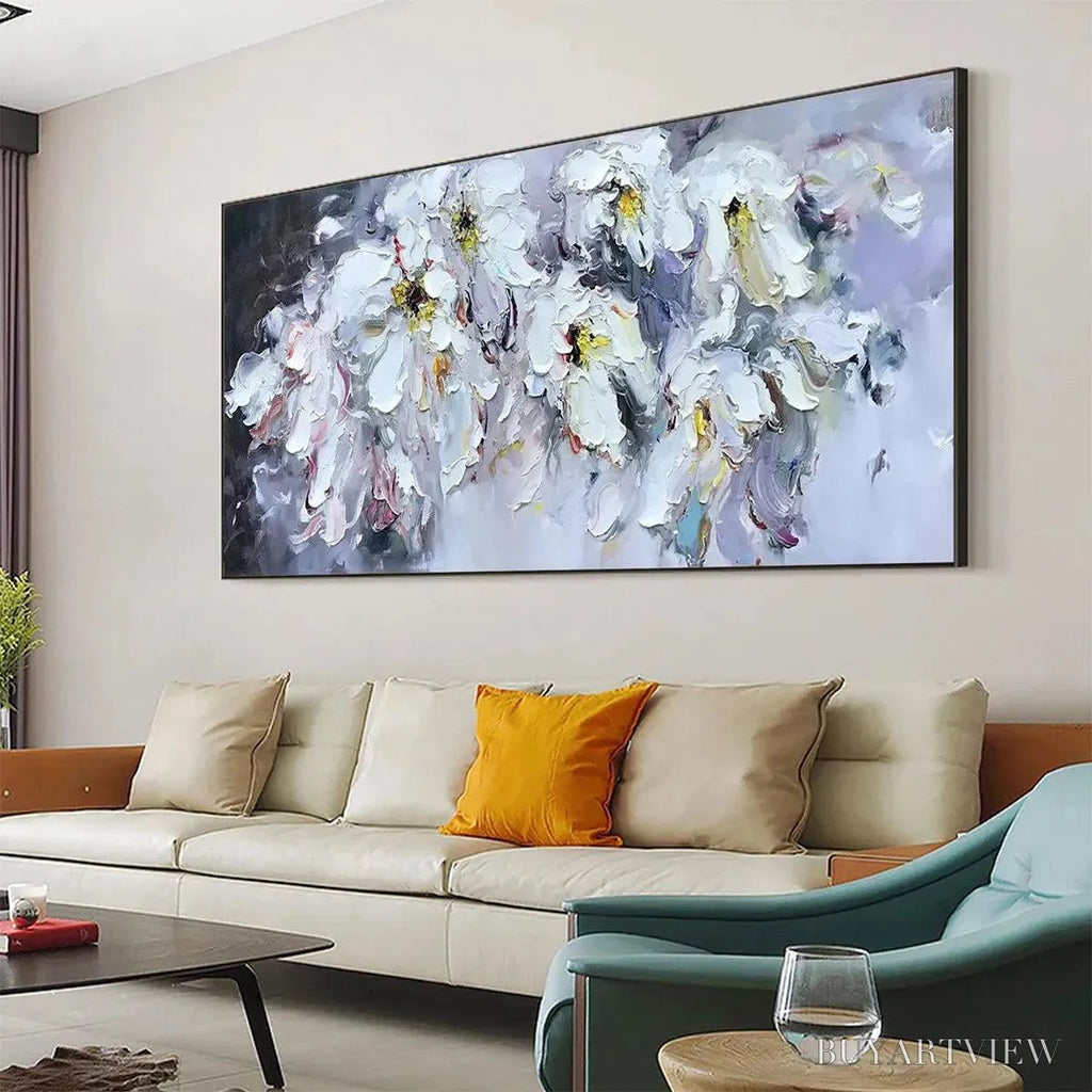 ARTOVITAS White Petal Dream – Floral Painting, Impasto, Textured , White Flowers, Panoramic - image 4