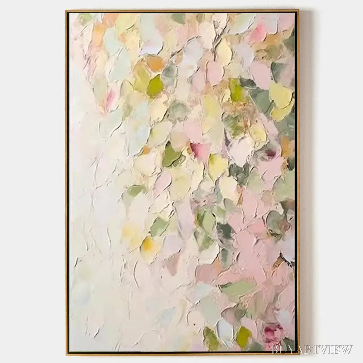 ARTOVITAS Blushing Blooms – Textured Abstract Floral Painting, Pastel Pink and Green , Vertical Canvas, Impasto Decor - image 1