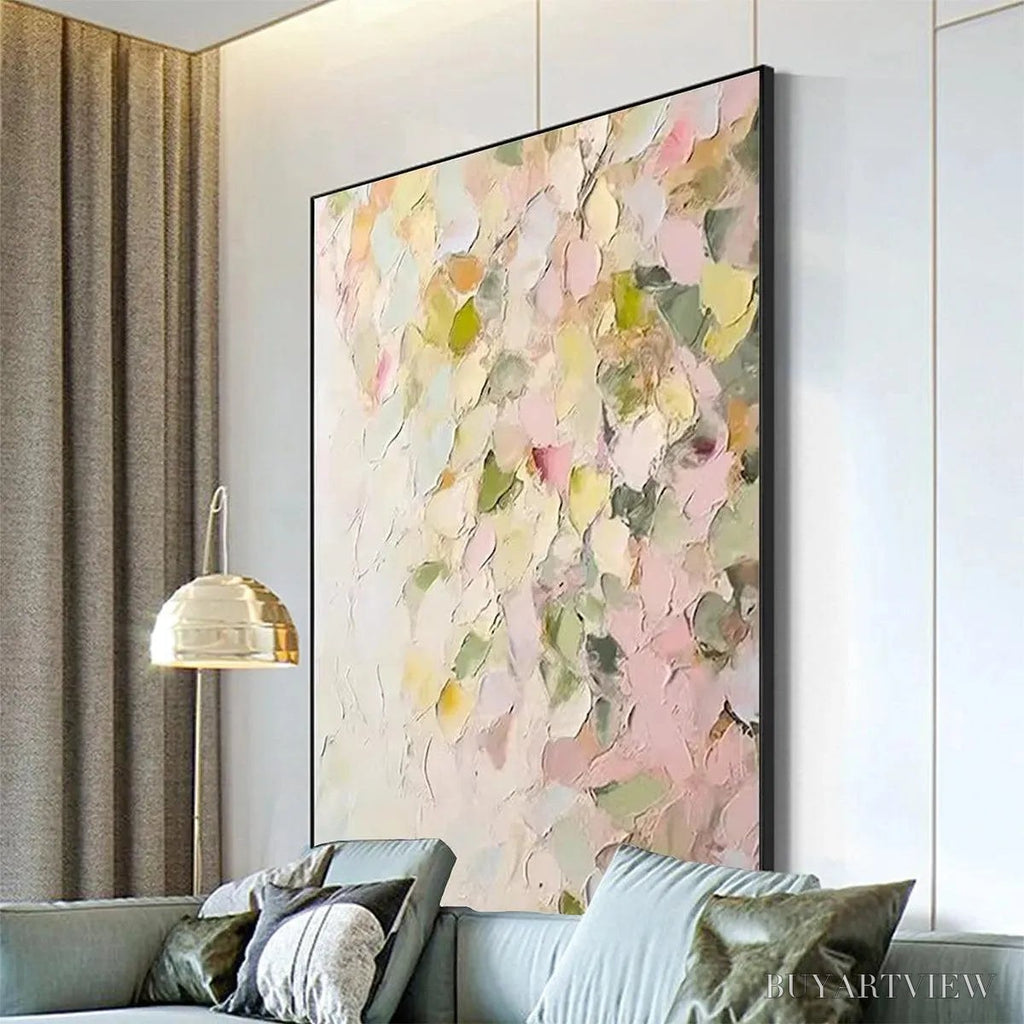 ARTOVITAS Blushing Blooms – Textured Abstract Floral Painting, Pastel Pink and Green , Vertical Canvas, Impasto Decor - image 2