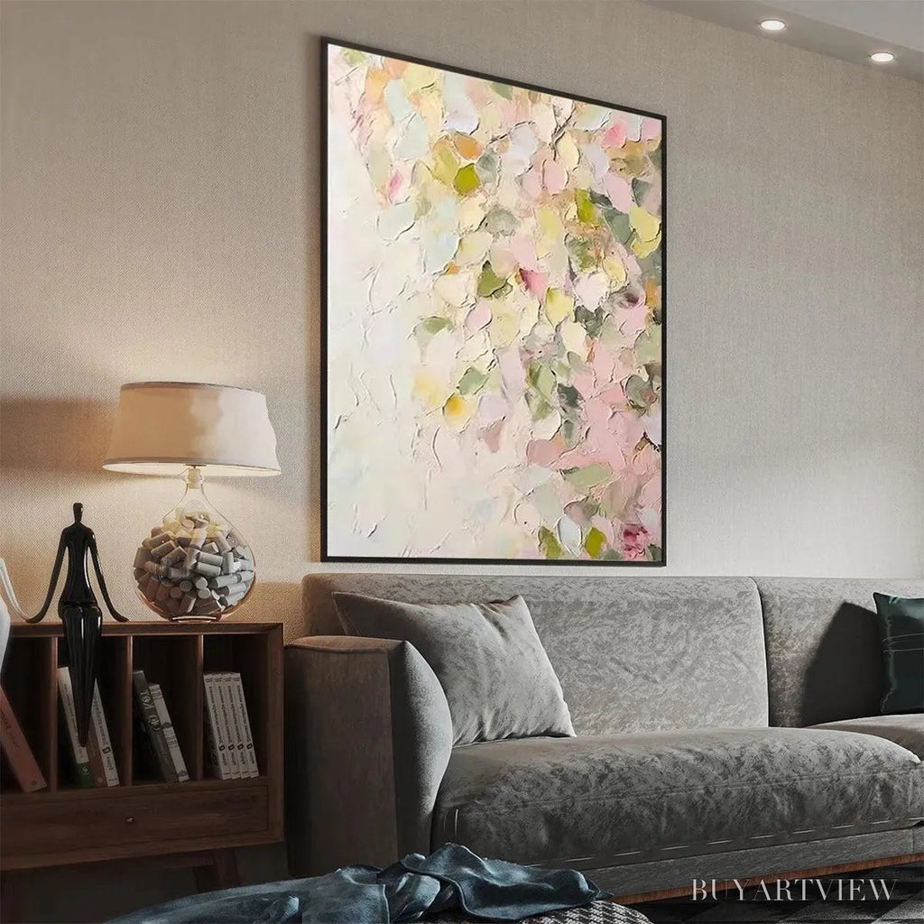 ARTOVITAS Blushing Blooms – Textured Abstract Floral Painting, Pastel Pink and Green , Vertical Canvas, Impasto Decor - image 4