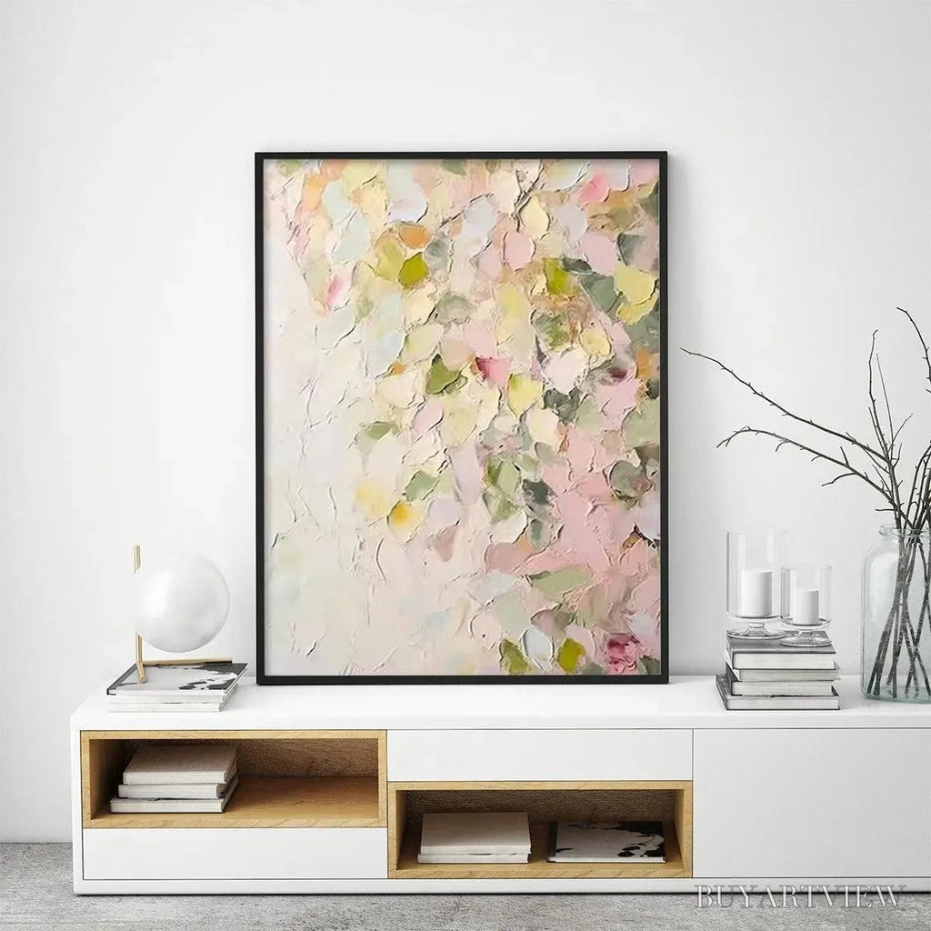 ARTOVITAS Blushing Blooms – Textured Abstract Floral Painting, Pastel Pink and Green , Vertical Canvas, Impasto Decor - image 5