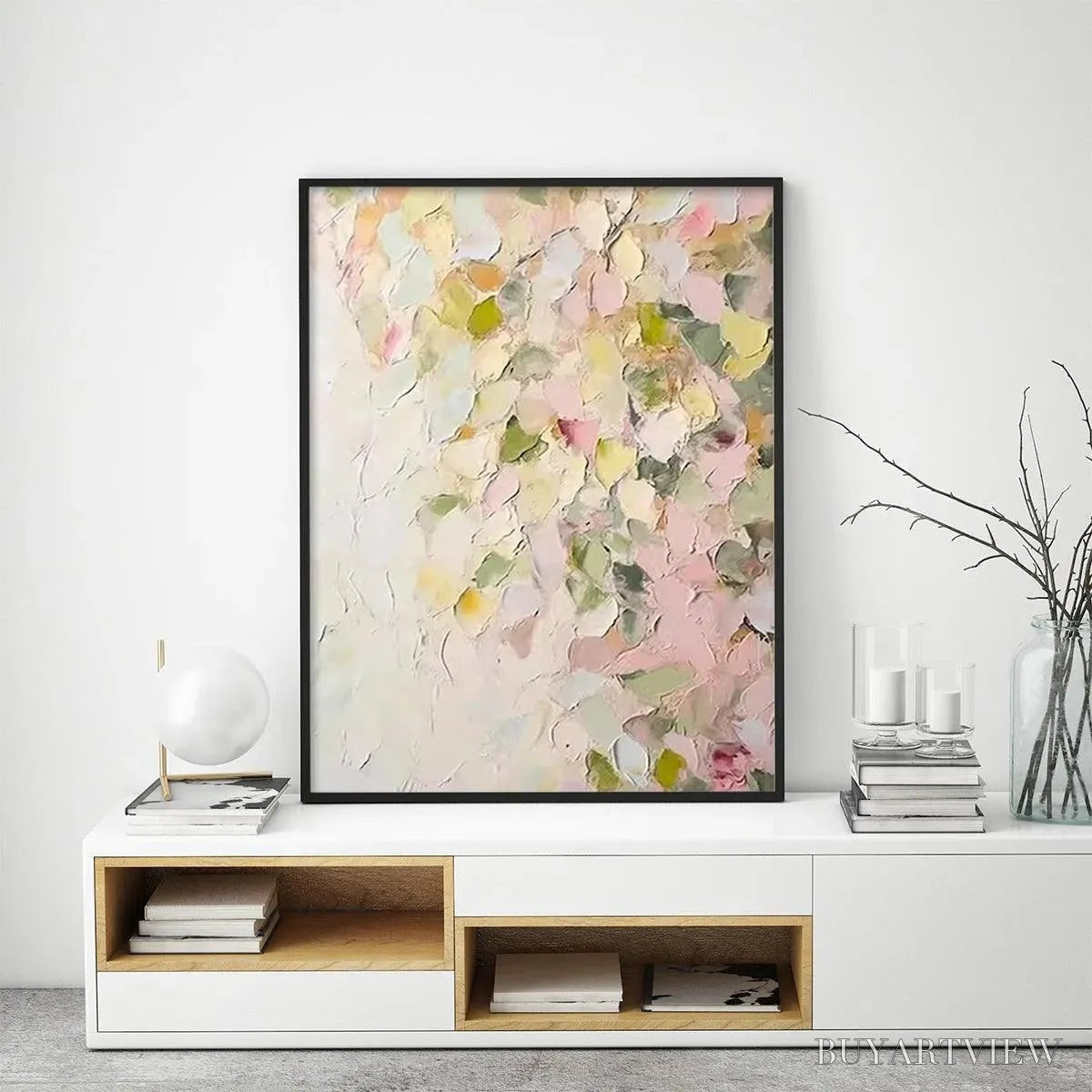 ARTOVITAS Blushing Blooms – Textured Abstract Floral Painting, Pastel Pink and Green , Vertical Canvas, Impasto Decor - image 5