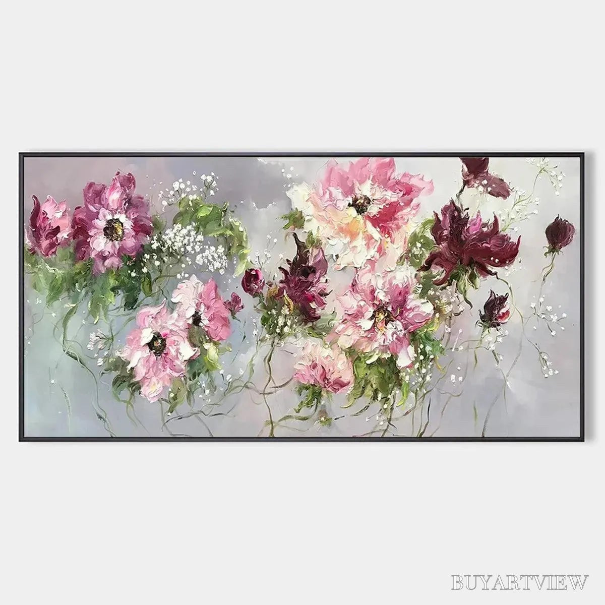 ARTOVITAS Wild Rose Whispers – Floral Painting, Panoramic , Romantic Decor, Pink and Burgundy Flowers - image 1