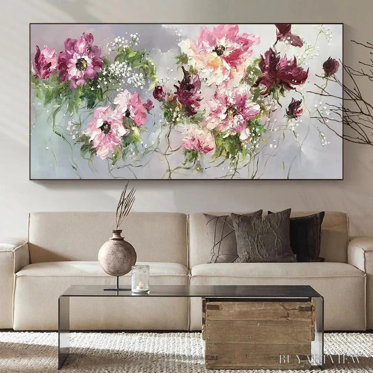 ARTOVITAS Wild Rose Whispers – Floral Painting, Panoramic , Romantic Decor, Pink and Burgundy Flowers - image 2