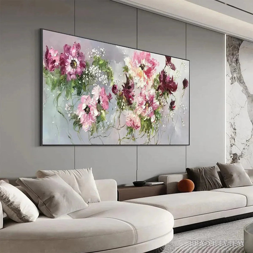 ARTOVITAS Wild Rose Whispers – Floral Painting, Panoramic , Romantic Decor, Pink and Burgundy Flowers - image 4