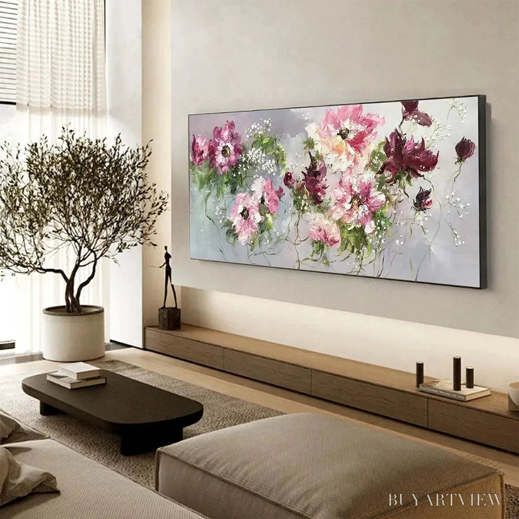 ARTOVITAS Wild Rose Whispers – Floral Painting, Panoramic , Romantic Decor, Pink and Burgundy Flowers - image 5