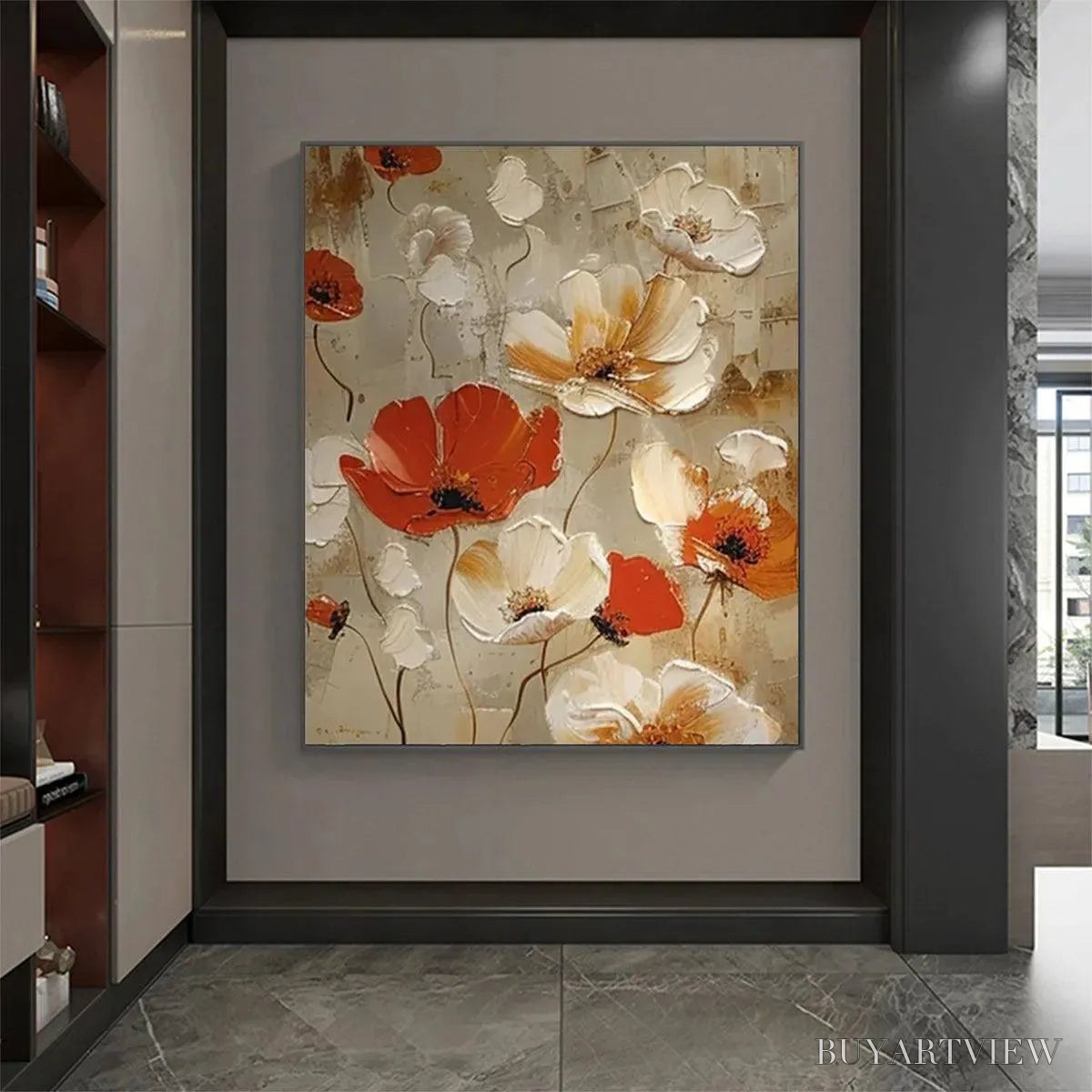 ARTOVITAS Crimson Fields – Textured Poppy Painting, Red and White Floral , Square Canvas, Romantic Decor - image 2