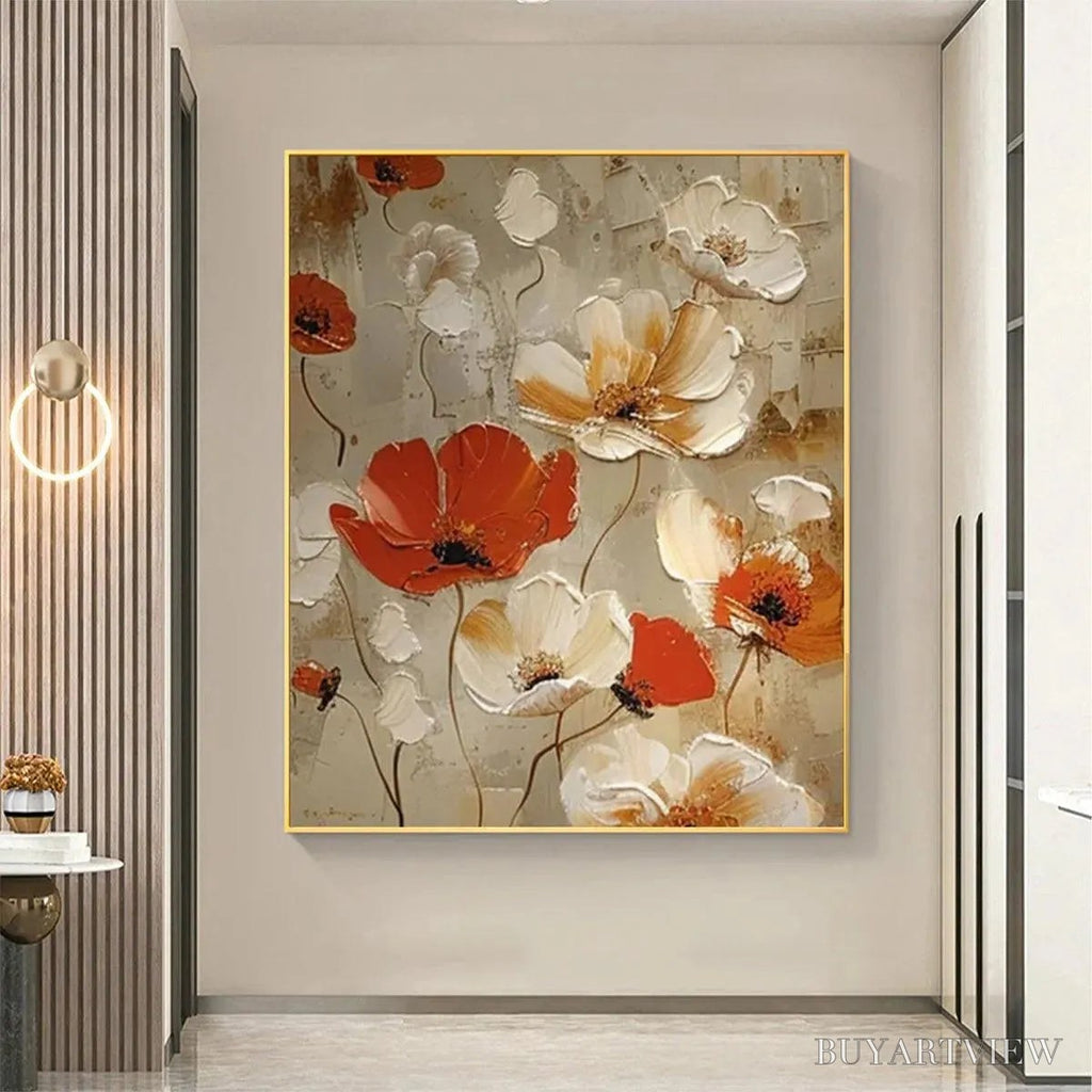ARTOVITAS Crimson Fields – Textured Poppy Painting, Red and White Floral , Square Canvas, Romantic Decor - image 4
