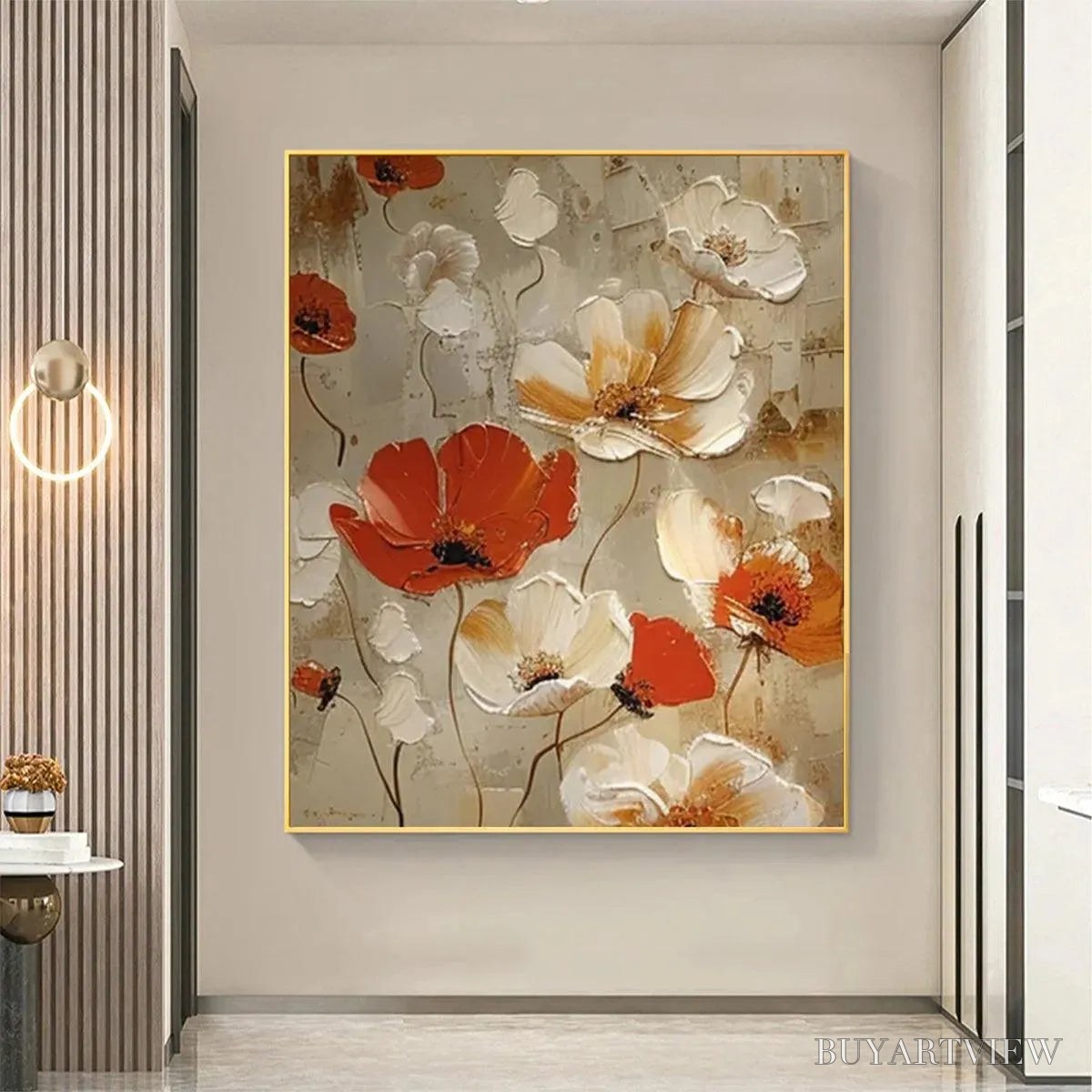 ARTOVITAS Crimson Fields – Textured Poppy Painting, Red and White Floral , Square Canvas, Romantic Decor - image 4