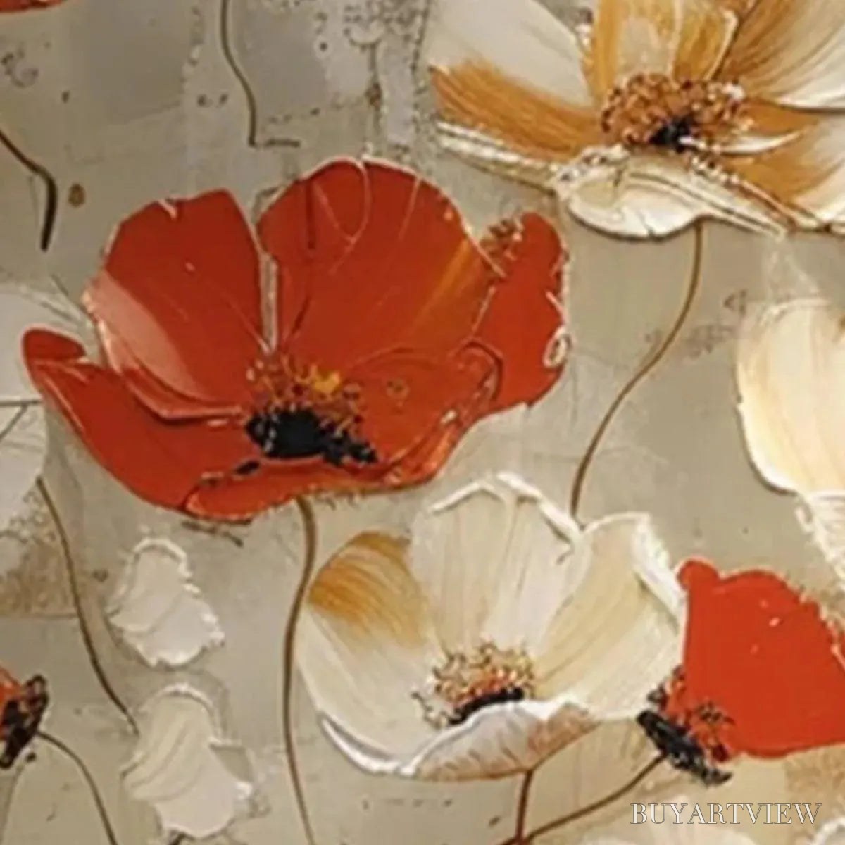 ARTOVITAS Crimson Fields – Textured Poppy Painting, Red and White Floral , Square Canvas, Romantic Decor - image 6