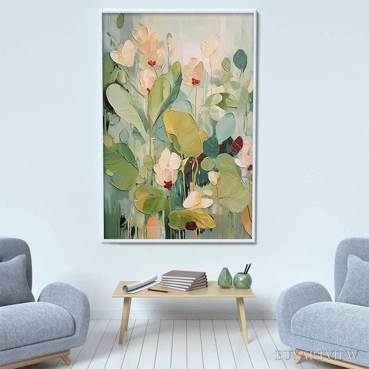 ARTOVITAS Lush Garden – Textured Floral Painting, Green and White , Vertical Canvas, Impressionist Decor - image 2
