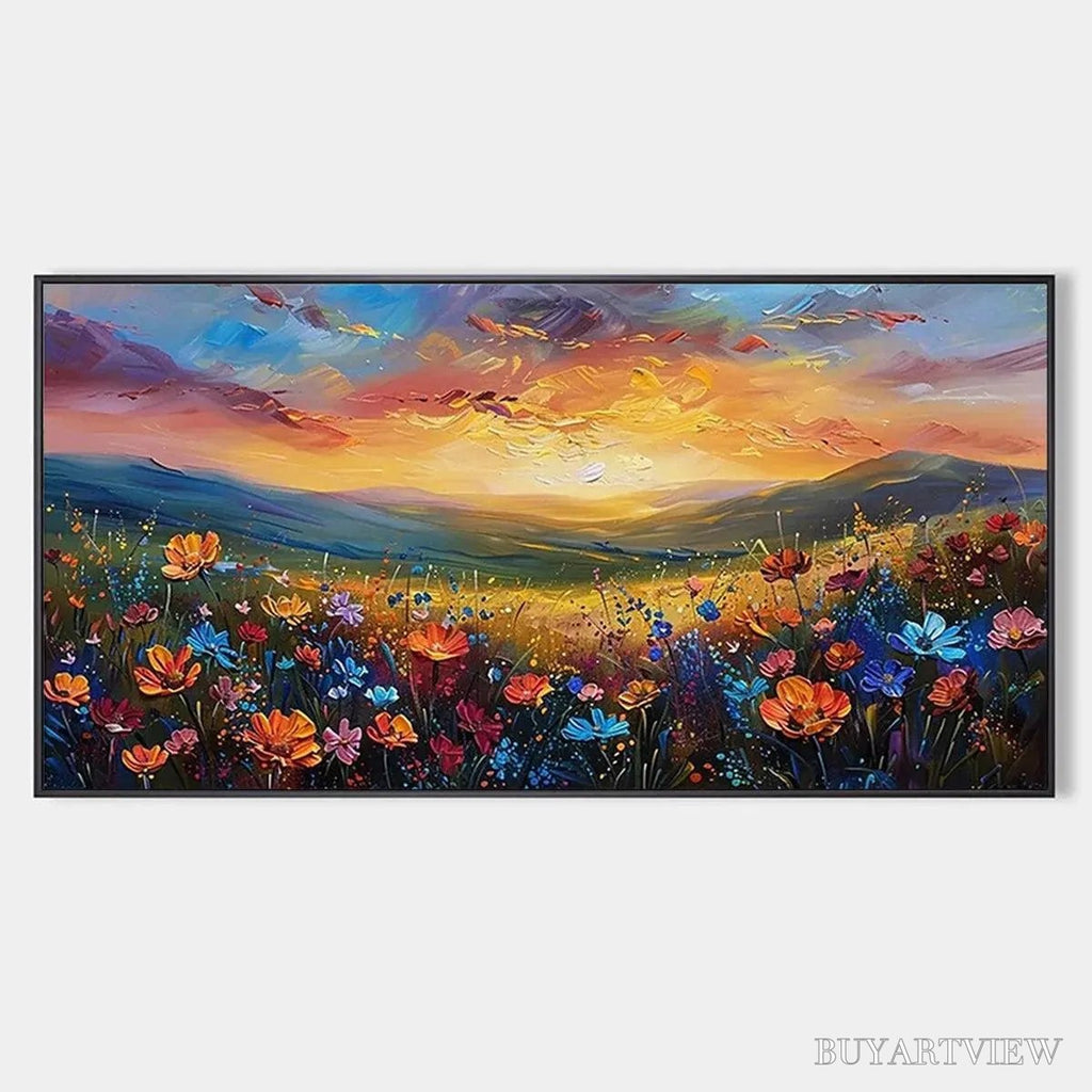 ARTOVITAS Sunset Serenade – Textured Floral Landscape Painting, Impasto , Horizontal Canvas, Sunset Decor - image 1