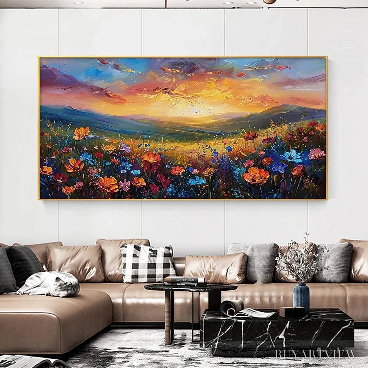 ARTOVITAS Sunset Serenade – Textured Floral Landscape Painting, Impasto , Horizontal Canvas, Sunset Decor - image 2