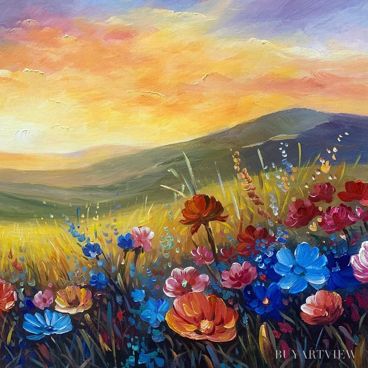 ARTOVITAS Sunset Serenade – Textured Floral Landscape Painting, Impasto , Horizontal Canvas, Sunset Decor - image 3