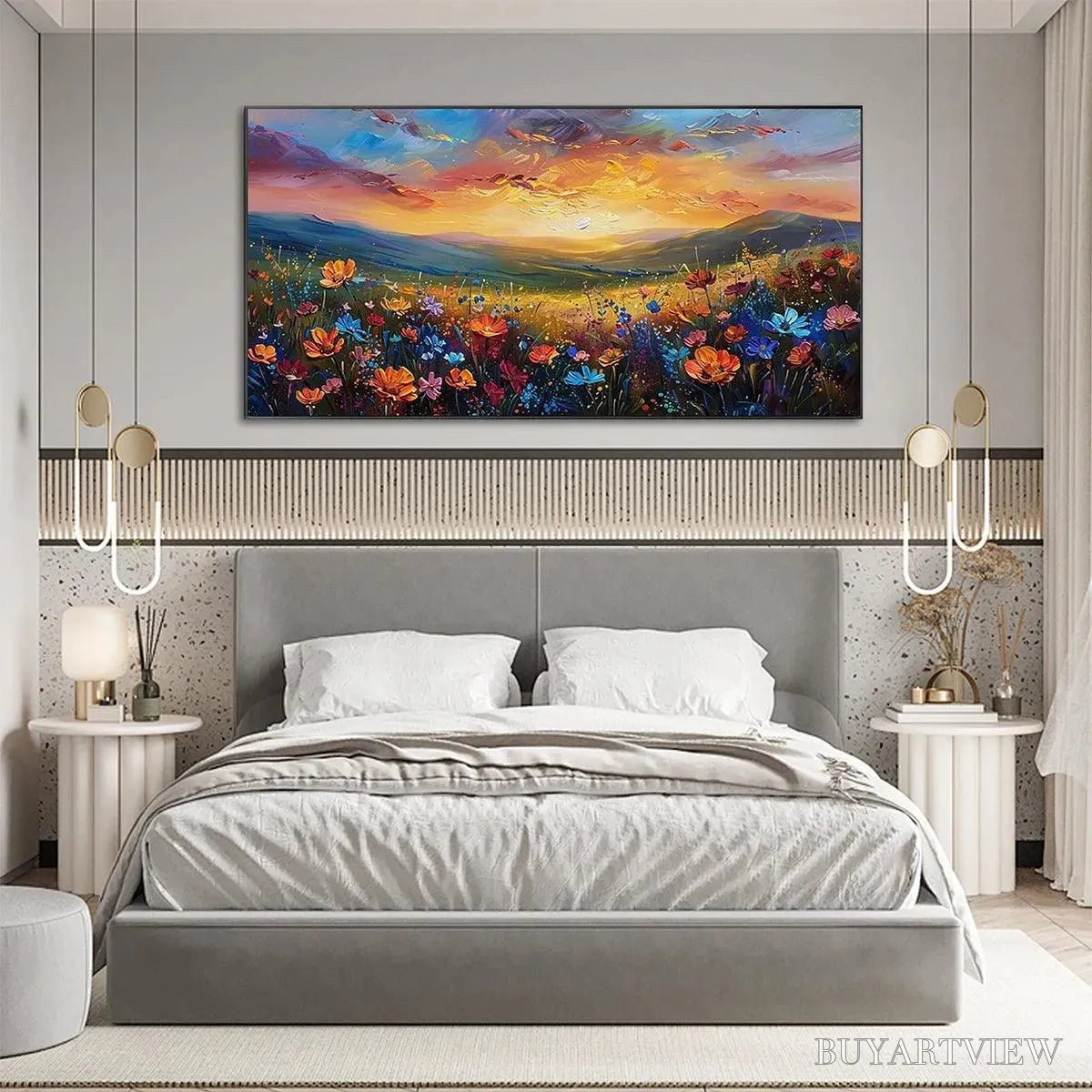 ARTOVITAS Sunset Serenade – Textured Floral Landscape Painting, Impasto , Horizontal Canvas, Sunset Decor - image 4
