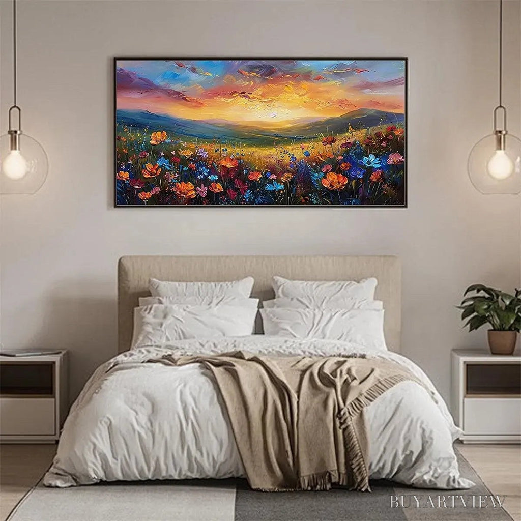 ARTOVITAS Sunset Serenade – Textured Floral Landscape Painting, Impasto , Horizontal Canvas, Sunset Decor - image 5