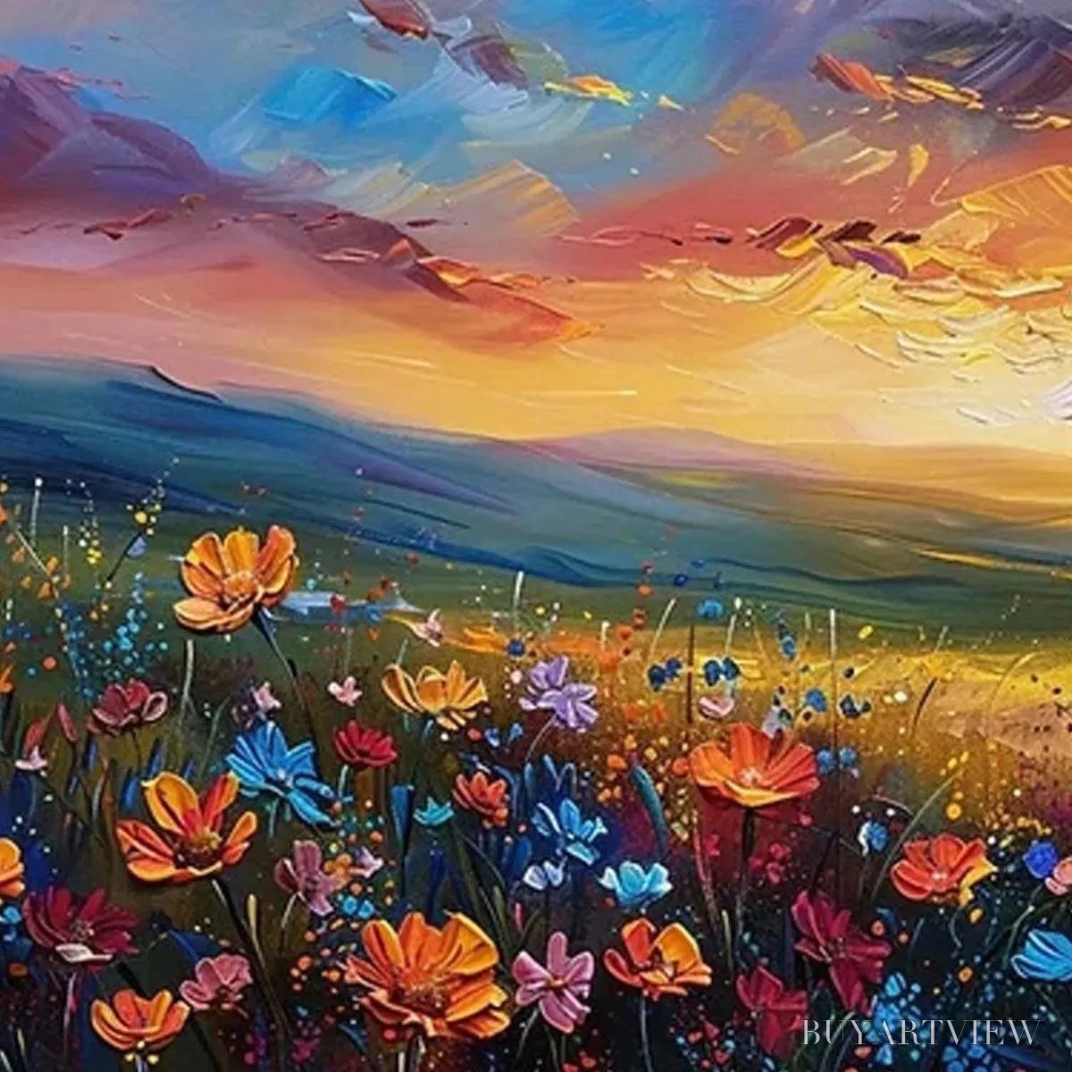 ARTOVITAS Sunset Serenade – Textured Floral Landscape Painting, Impasto , Horizontal Canvas, Sunset Decor - image 6