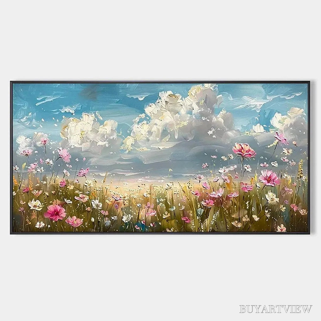 ARTOVITAS Cosmos Field – Textured Floral Landscape Painting, Impasto , Horizontal Canvas, Wildflower Decor - image 1