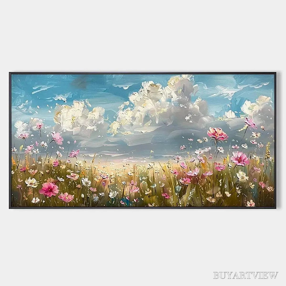 ARTOVITAS Cosmos Field – Textured Floral Landscape Painting, Impasto , Horizontal Canvas, Wildflower Decor - image 1