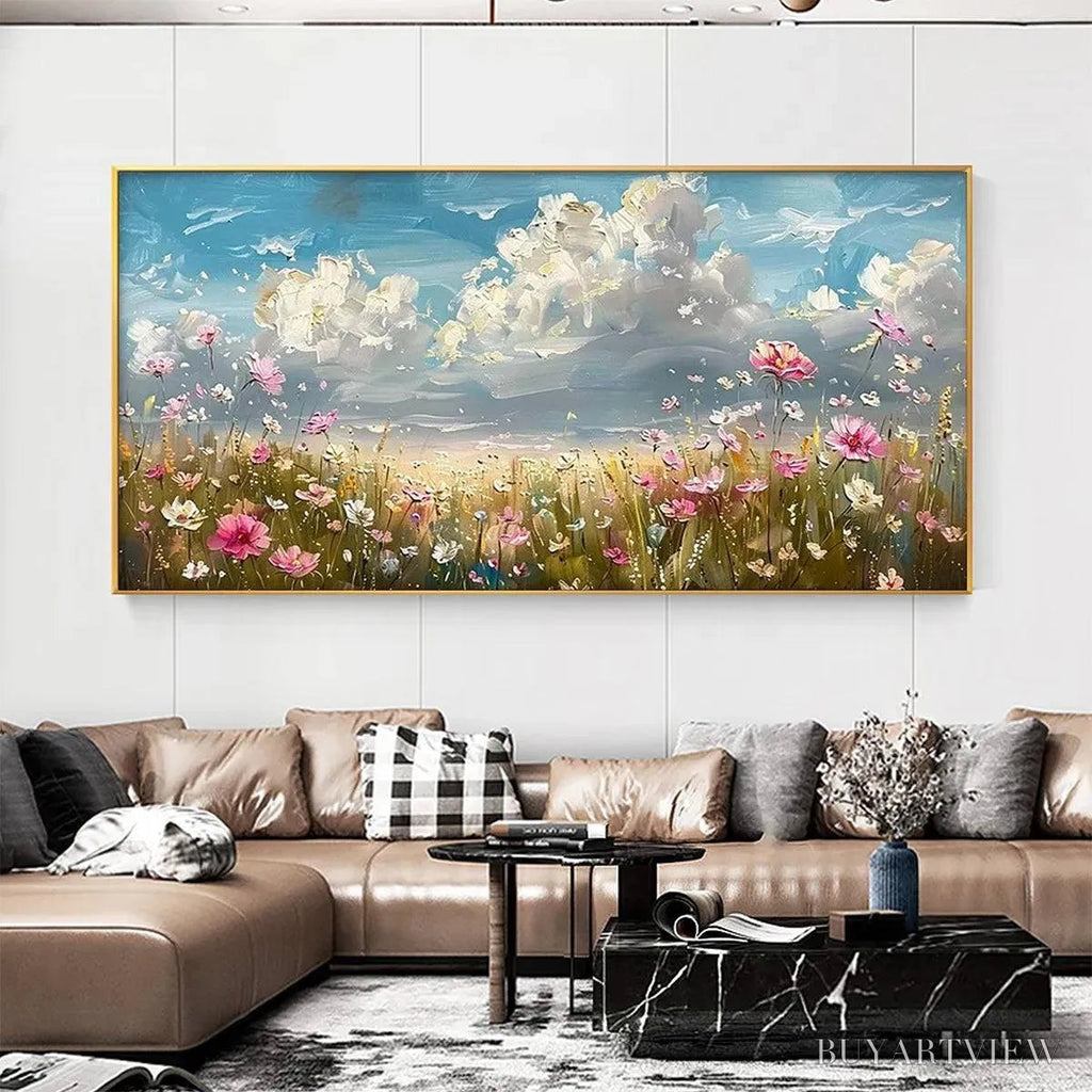 ARTOVITAS Cosmos Field – Textured Floral Landscape Painting, Impasto , Horizontal Canvas, Wildflower Decor - image 2