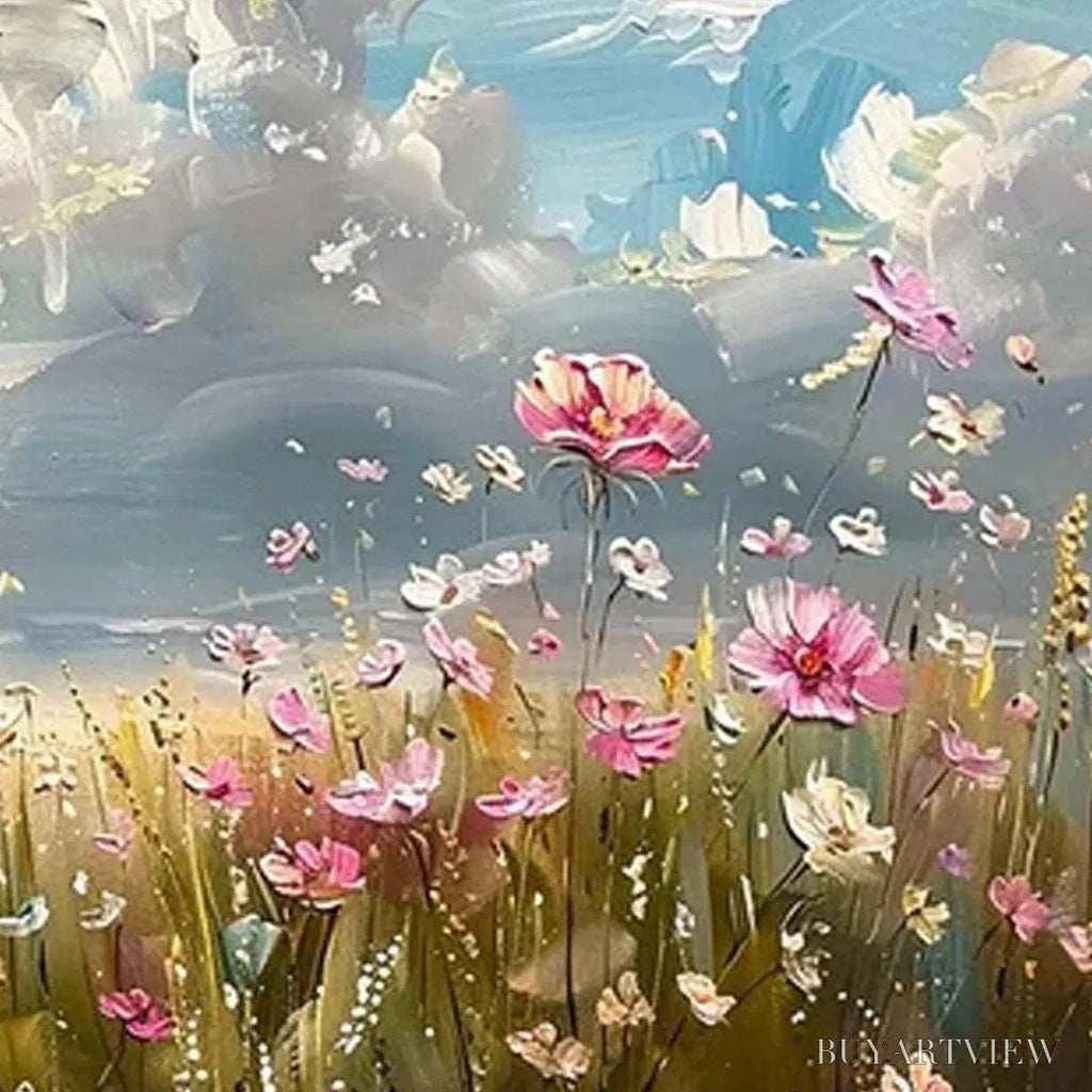 ARTOVITAS Cosmos Field – Textured Floral Landscape Painting, Impasto , Horizontal Canvas, Wildflower Decor - image 3