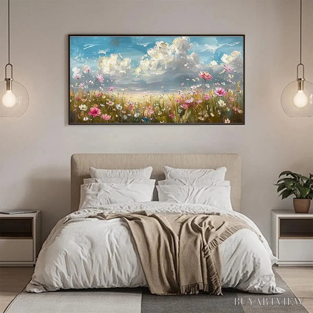 ARTOVITAS Cosmos Field – Textured Floral Landscape Painting, Impasto , Horizontal Canvas, Wildflower Decor - image 4