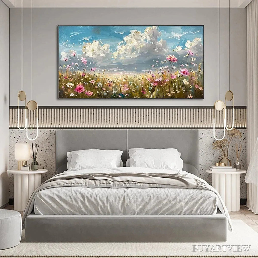 ARTOVITAS Cosmos Field – Textured Floral Landscape Painting, Impasto , Horizontal Canvas, Wildflower Decor - image 5