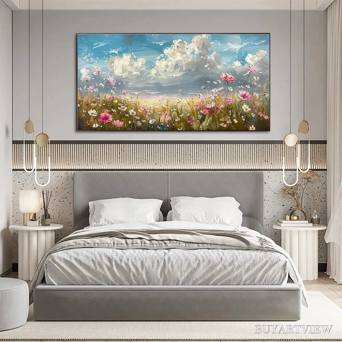 ARTOVITAS Cosmos Field – Textured Floral Landscape Painting, Impasto , Horizontal Canvas, Wildflower Decor - image 5