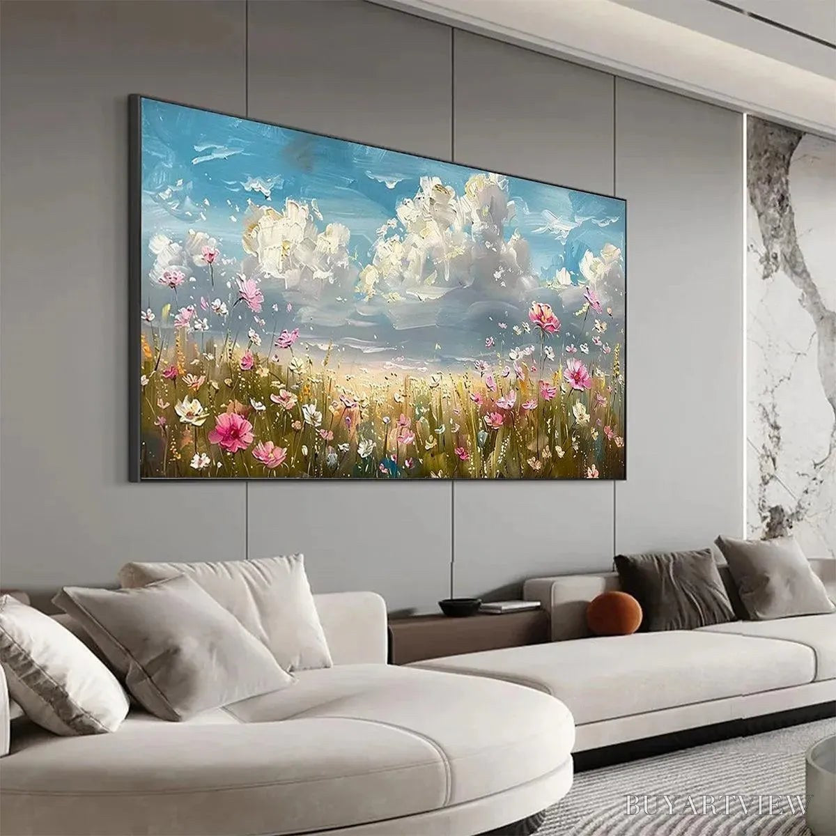 ARTOVITAS Cosmos Field – Textured Floral Landscape Painting, Impasto , Horizontal Canvas, Wildflower Decor - image 6