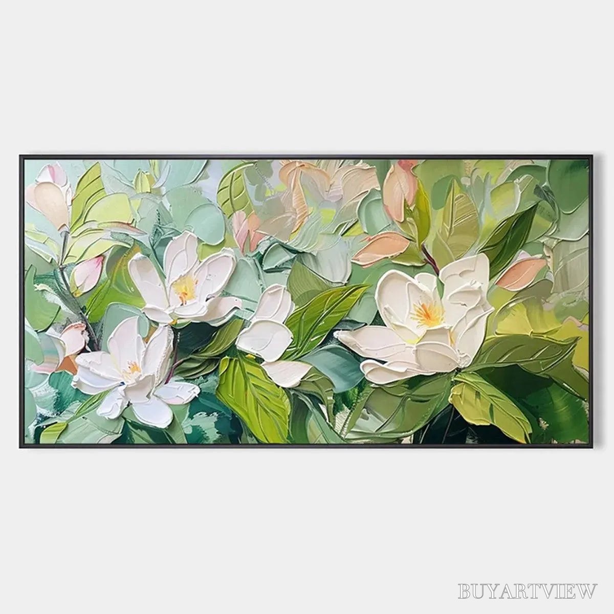 ARTOVITAS Magnolia Blossoms – Textured Floral Painting, Impasto , Horizontal Canvas, Magnolia Decor - image 1