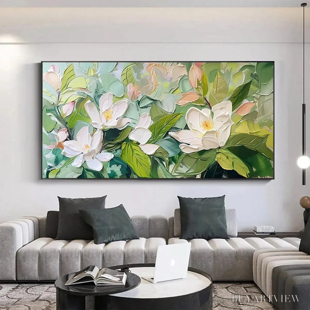 ARTOVITAS Magnolia Blossoms – Textured Floral Painting, Impasto , Horizontal Canvas, Magnolia Decor - image 2