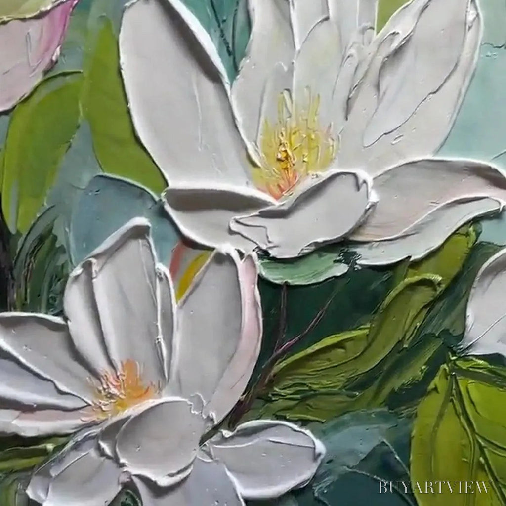 ARTOVITAS Magnolia Blossoms – Textured Floral Painting, Impasto , Horizontal Canvas, Magnolia Decor - image 3