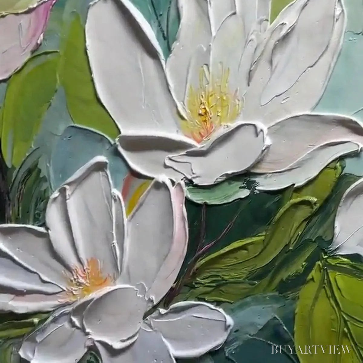 ARTOVITAS Magnolia Blossoms – Textured Floral Painting, Impasto , Horizontal Canvas, Magnolia Decor - image 3