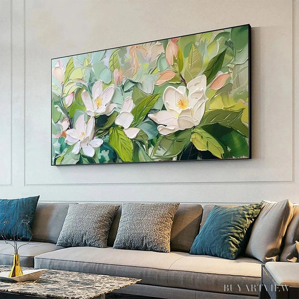 ARTOVITAS Magnolia Blossoms – Textured Floral Painting, Impasto , Horizontal Canvas, Magnolia Decor - image 4
