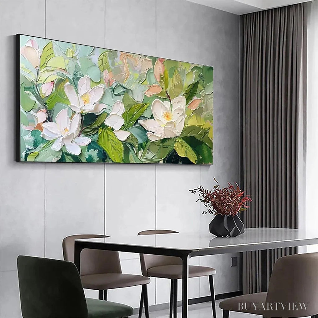 ARTOVITAS Magnolia Blossoms – Textured Floral Painting, Impasto , Horizontal Canvas, Magnolia Decor - image 5