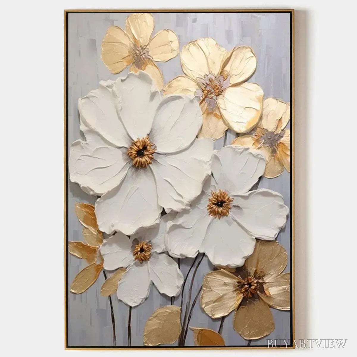 ARTOVITAS Golden Whispers – Textured Floral Painting, Gold and White , Vertical Canvas, Impasto Decor - image 1