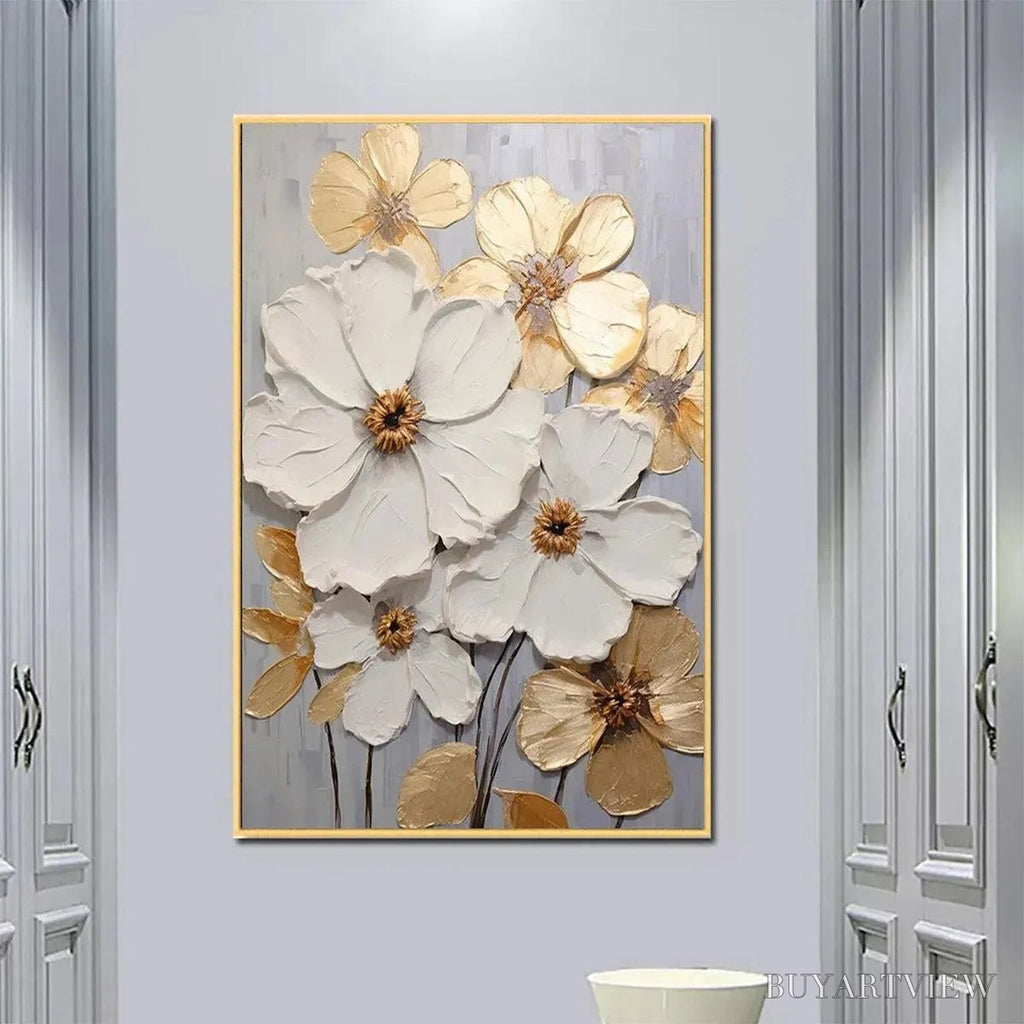 ARTOVITAS Golden Whispers – Textured Floral Painting, Gold and White , Vertical Canvas, Impasto Decor - image 2