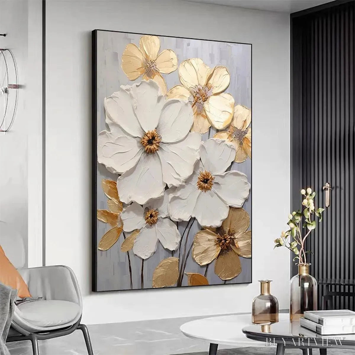 ARTOVITAS Golden Whispers – Textured Floral Painting, Gold and White , Vertical Canvas, Impasto Decor - image 4