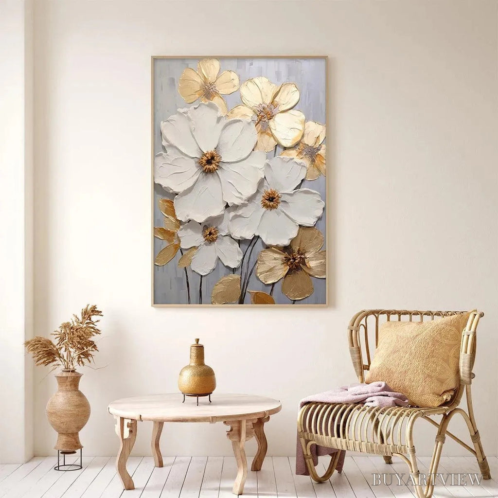 ARTOVITAS Golden Whispers – Textured Floral Painting, Gold and White , Vertical Canvas, Impasto Decor - image 5