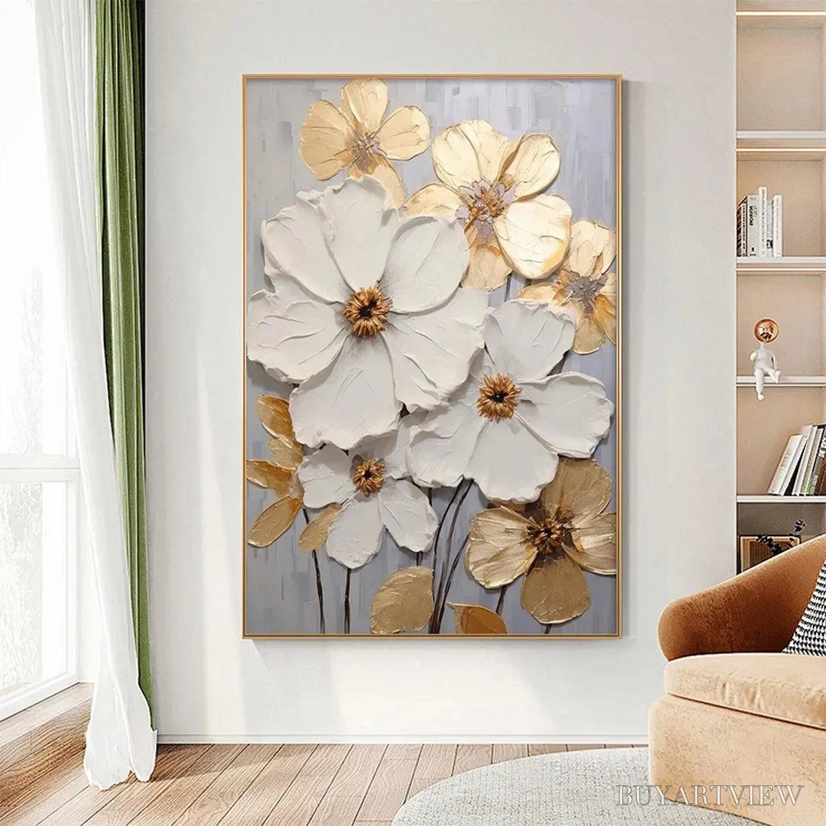 ARTOVITAS Golden Whispers – Textured Floral Painting, Gold and White , Vertical Canvas, Impasto Decor - image 6