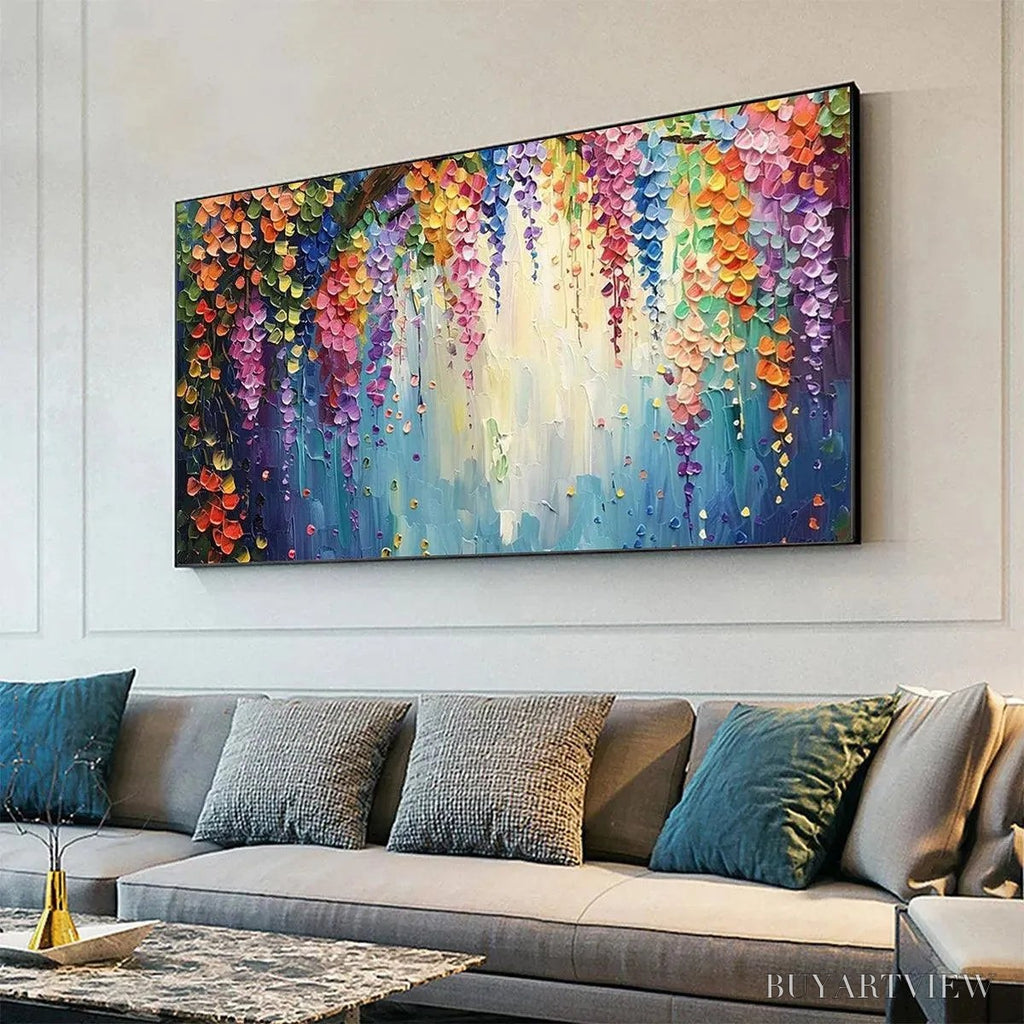 ARTOVITAS Wisteria Waterfall – Textured Floral Painting, Colorful Wisteria , Panoramic Canvas, Impressionist Decor - image 4