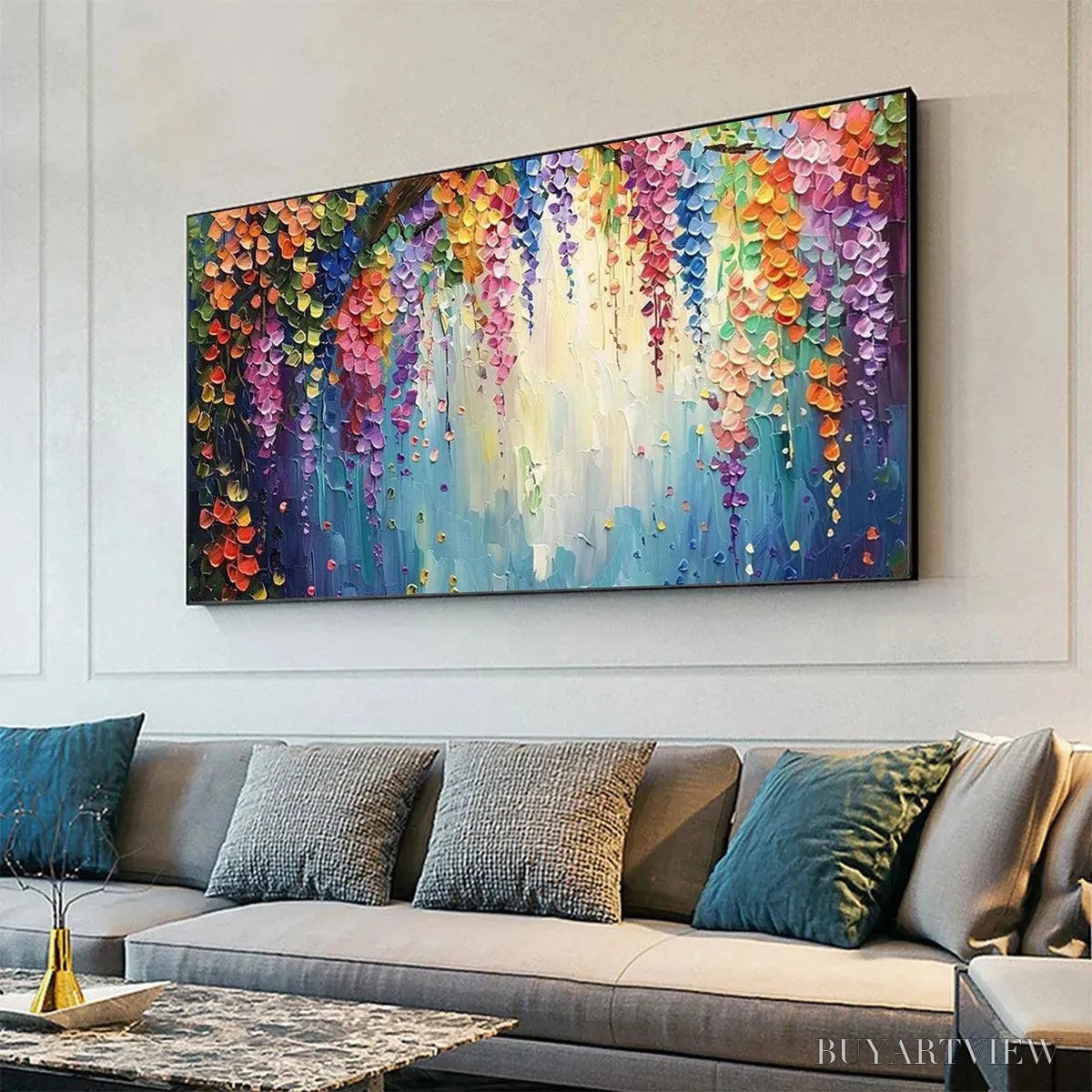 ARTOVITAS Wisteria Waterfall – Textured Floral Painting, Colorful Wisteria , Panoramic Canvas, Impressionist Decor - image 4
