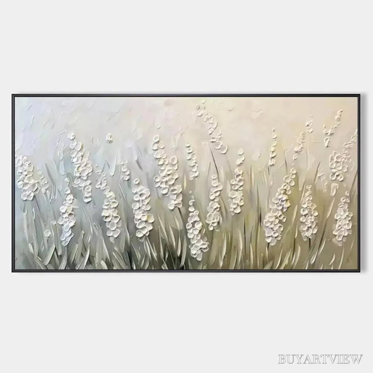 ARTOVITAS Whispering Fields – Textured White Floral Painting, 3D Flower , Panoramic Canvas, Serene Decor - image 1