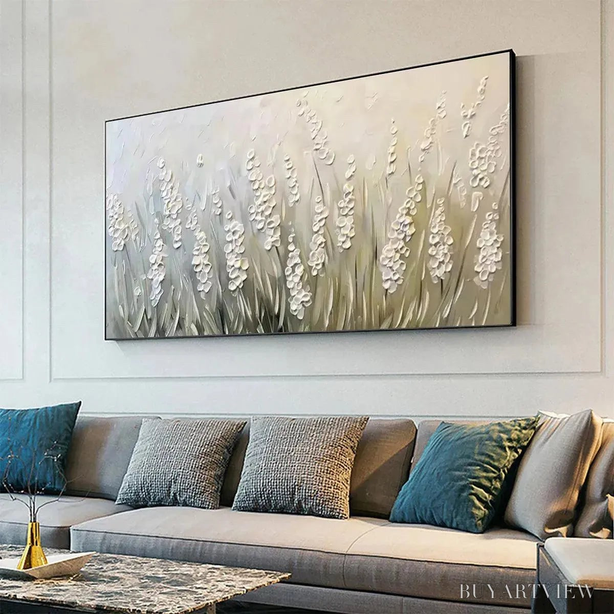 ARTOVITAS Whispering Fields – Textured White Floral Painting, 3D Flower , Panoramic Canvas, Serene Decor - image 2