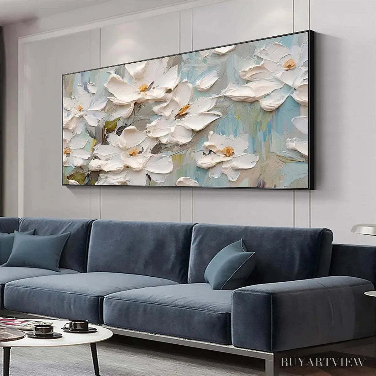 ARTOVITAS White Magnolia Blossoms – Textured Floral Painting, White Flower , Panoramic Canvas, Impressionist Decor - image 2