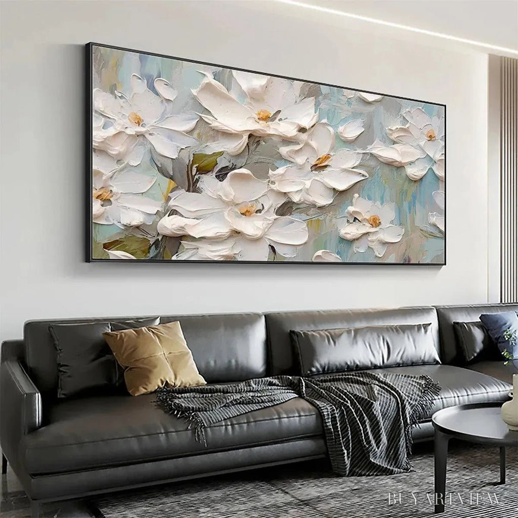 ARTOVITAS White Magnolia Blossoms – Textured Floral Painting, White Flower , Panoramic Canvas, Impressionist Decor - image 4