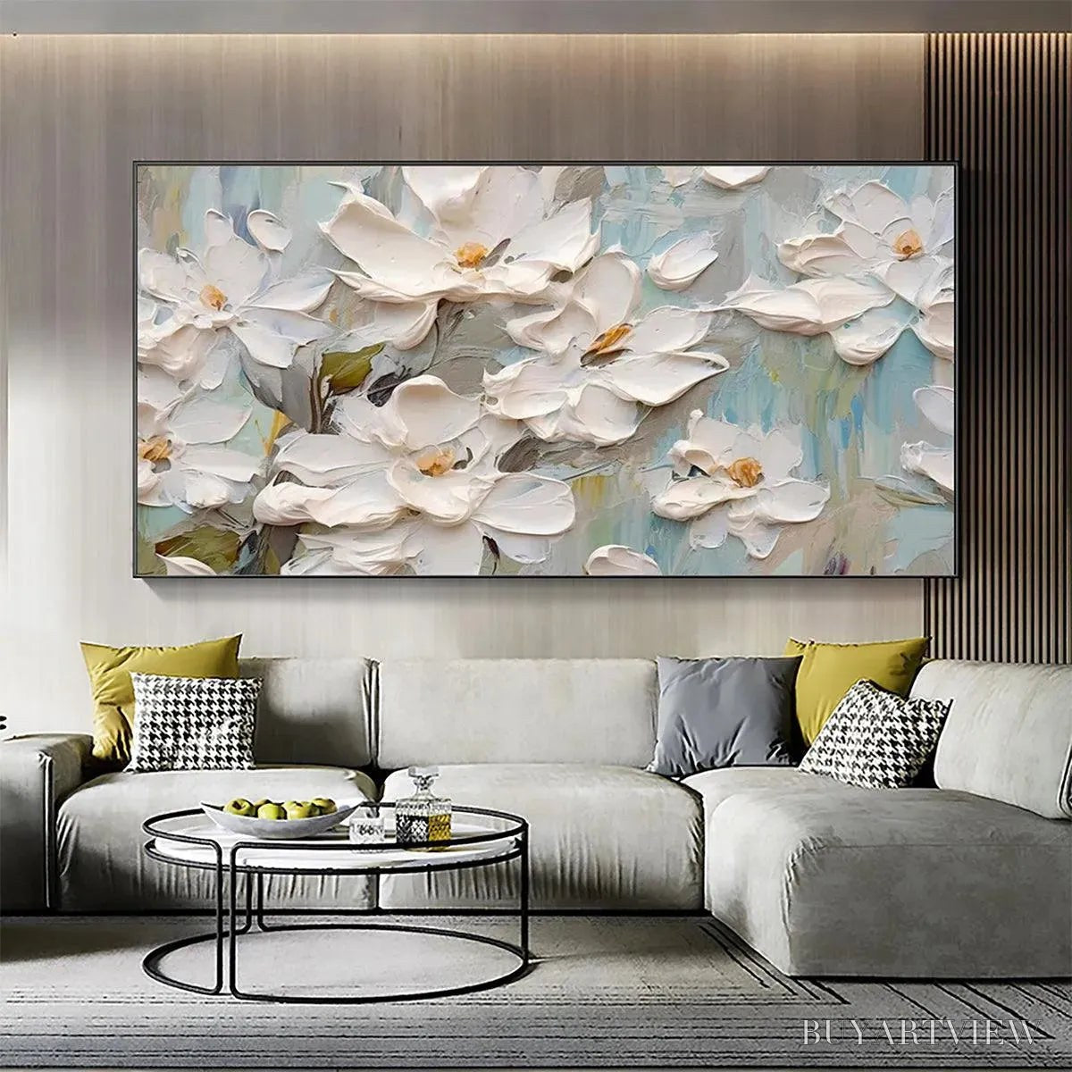 ARTOVITAS White Magnolia Blossoms – Textured Floral Painting, White Flower , Panoramic Canvas, Impressionist Decor - image 5
