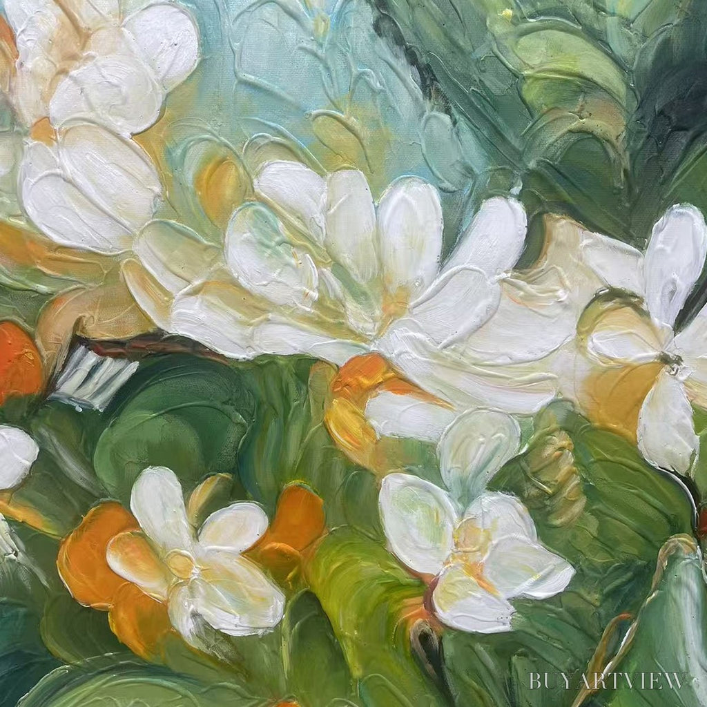 ARTOVITAS Orange Blossom – Textured Floral Painting, White Flowers , Panoramic Canvas, Impressionist Decor - image 3