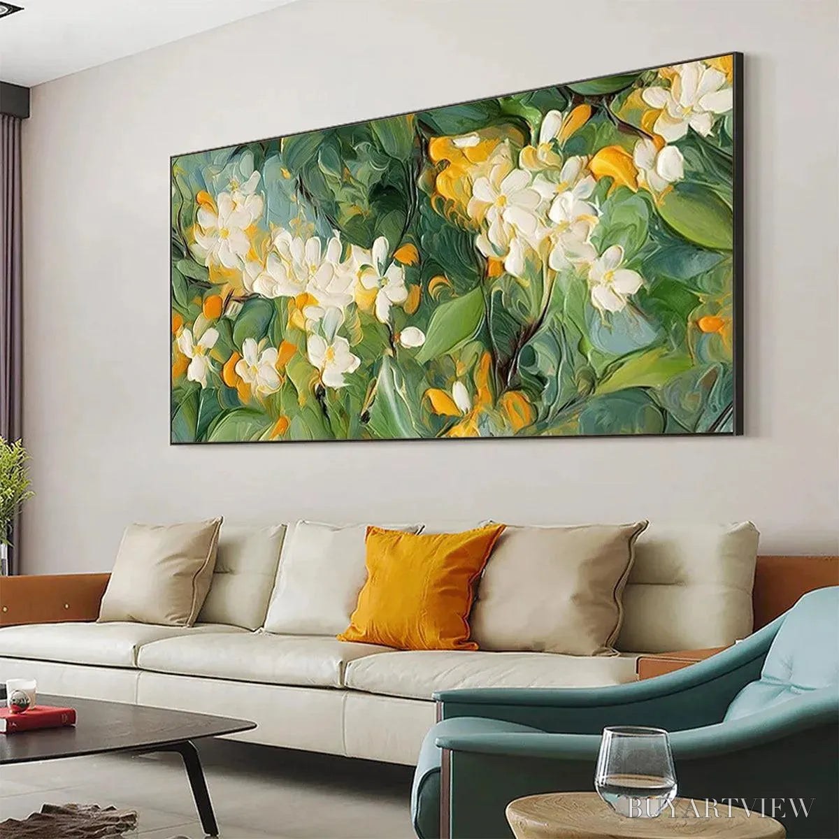 ARTOVITAS Orange Blossom – Textured Floral Painting, White Flowers , Panoramic Canvas, Impressionist Decor - image 4